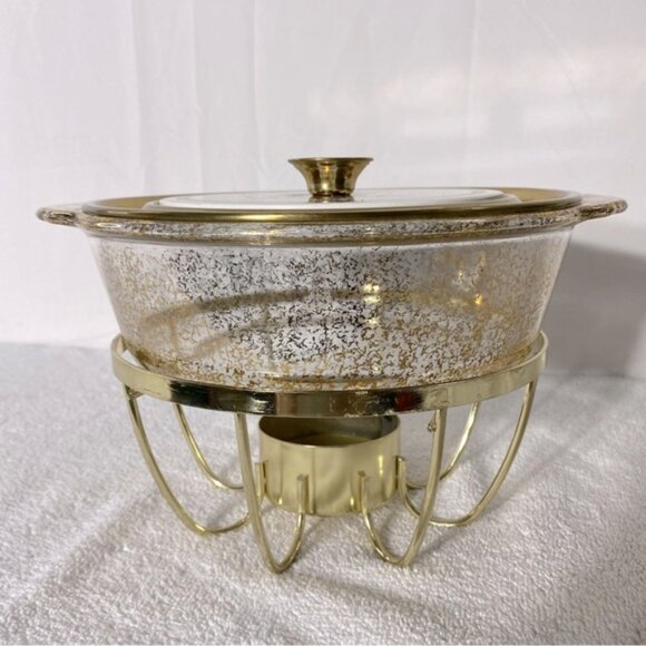 Vintage Anchor Hocking Fire King Gold Fleck Casserole & Stand Georges Briard Lid - Picture 4 of 15
